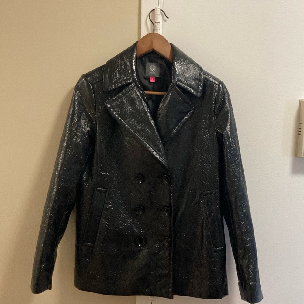 Vince Camuto Black Pea Coat with Glossy Finish and Tailored Fit